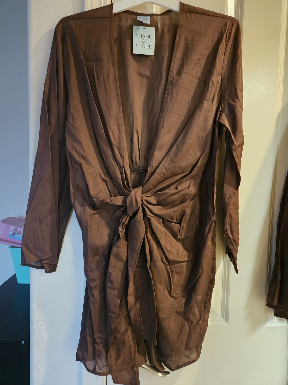 Shade & Shore Women's Brown Tie-Front Long Sleeve Kimono Size MEDIUM